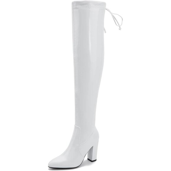 Women A-white Leather Pointed Toe Zipper Over The Knee Thigh High Long Boots - Picture 1 of 6